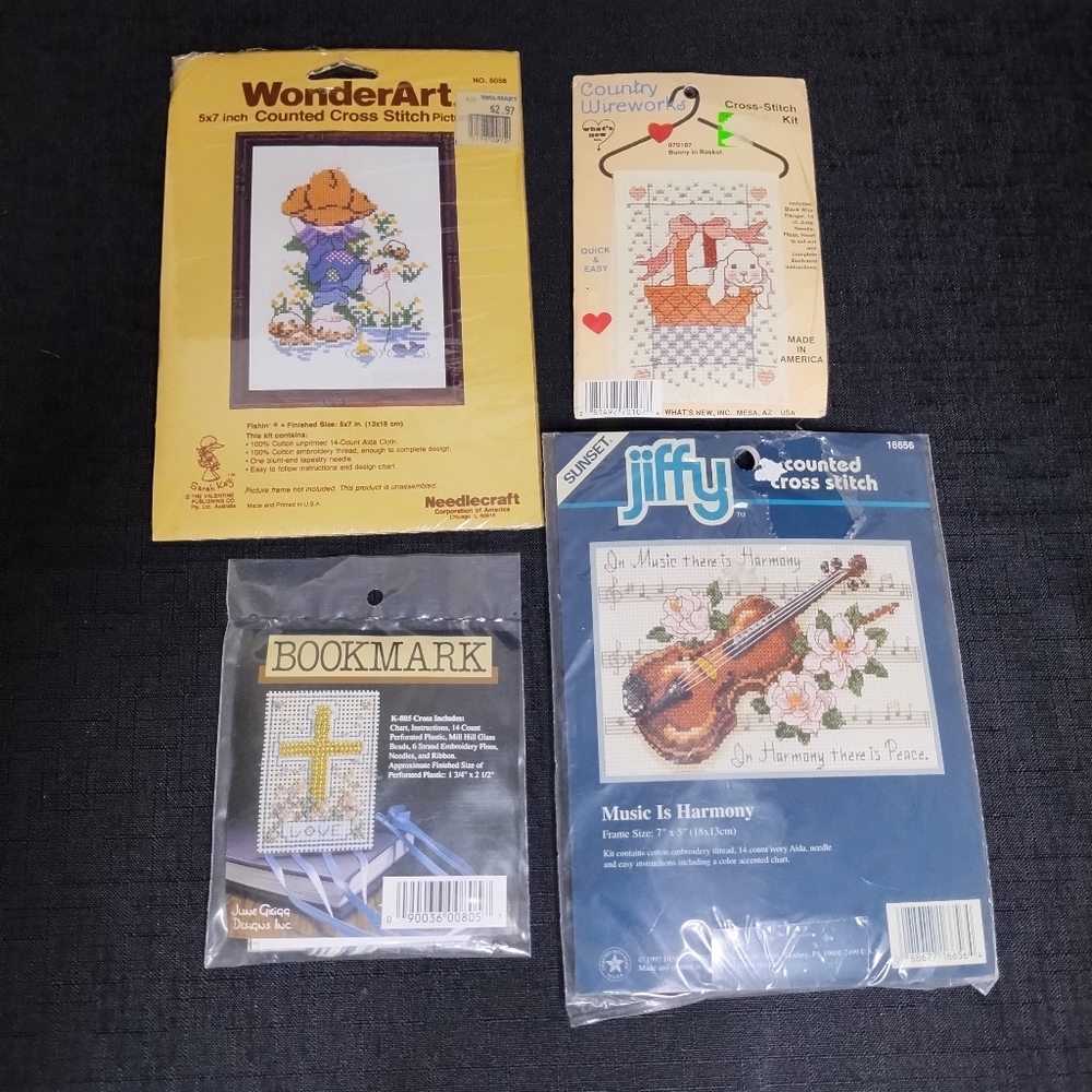 Set Of 4 Vintage Cross Stitch Kits WonderArt Jiffy Country Wireworks June Grigg